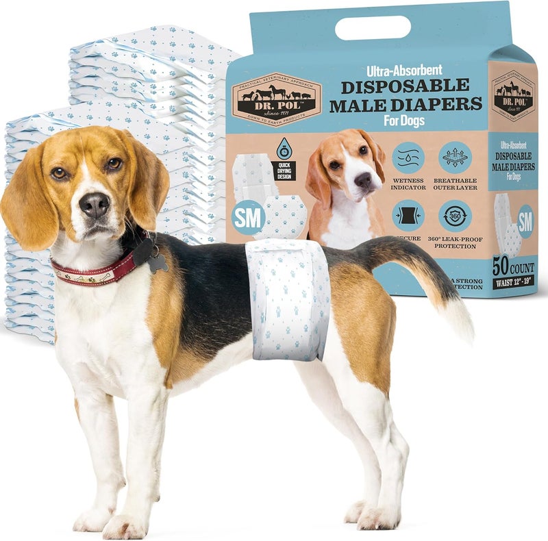 Dr. Pol Dog Diapers for Male Dogs | Disposable Pet Diapers with Wetness Indicators | Adjustable Fit | Leak Protection & Super Absorbent | Perfect for Heat Cycles & Training Accidents | Pack of 50 - Image 1